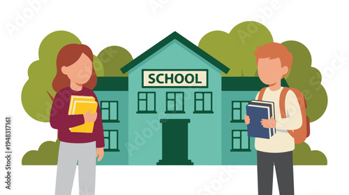 School children standing in front of an educational building with books