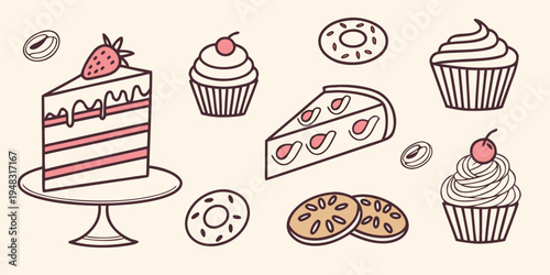 a variety of sweet treats including cake and cupcakes Vector