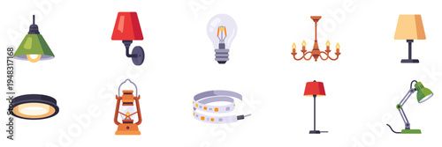Set of lighting icons, chandelier, lantern, desk lamp, pendant light, bulb, colorful collection with vector flat illustrations