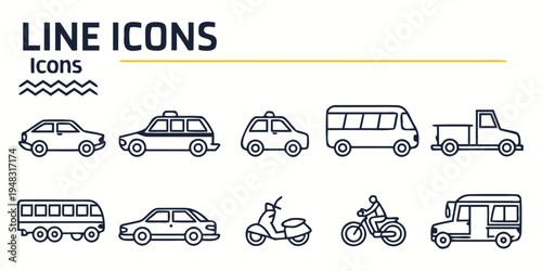 a collection of various vehicles in line art style Vector