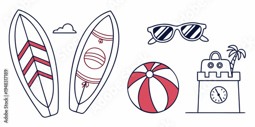 a collection of beach items including surfboards and ball Vector
