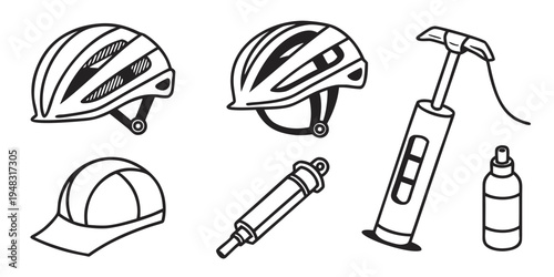 a collection of bicycle helmets and tools Vector