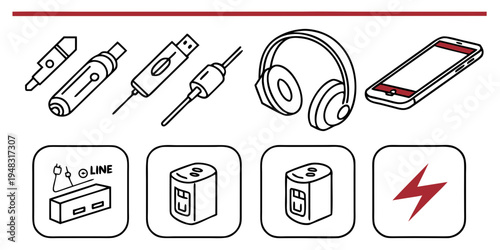 a collection of electronic devices and their connectors Vector