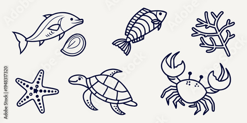 a collection of six sea creatures Vector