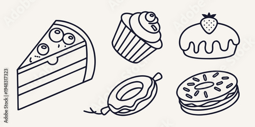 a collection of desserts including cake and pie Vector