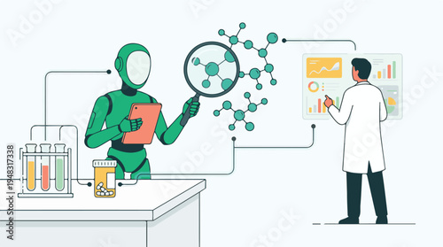 AI Robot and Scientist Collaborating in Medical Research and Data Analysis