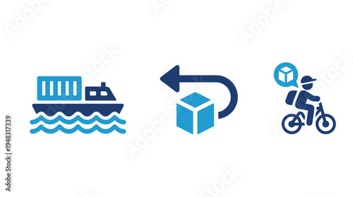 Logistics icons set with ship, cargo box transfer and delivery cyclist on white background for business concepts