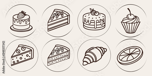 a set of icons featuring various types of cake Vector