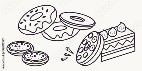a drawing of donuts and a slice of cake with sprinkles Vector