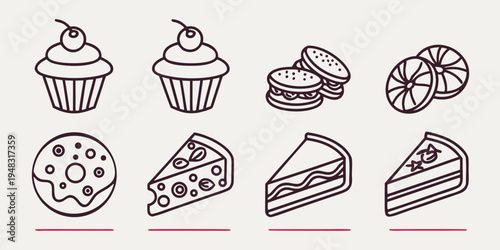 a collection of dessert icons including cupcakes and slices of cake Vector
