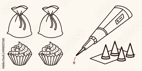 a set of cupcakes and icing bags with tips Vector