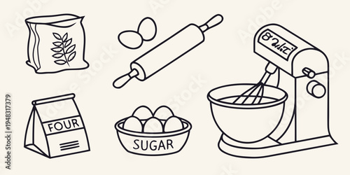 a collection of baking ingredients and tools Vector