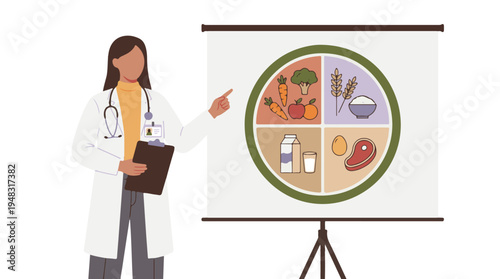 Dietitian explaining balanced nutrition with food groups on a chart