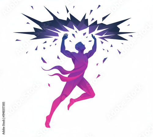 Vibrant gradient illustration of a powerful figure breaking through a shattering geometric barrier, symbolizing strength, resilience, and ultimate triumph over adversity