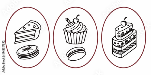 a collection of desserts including cake and cupcake Vector