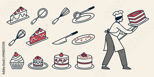 a chef holding a cake surrounded by baking utensils and desserts Vector