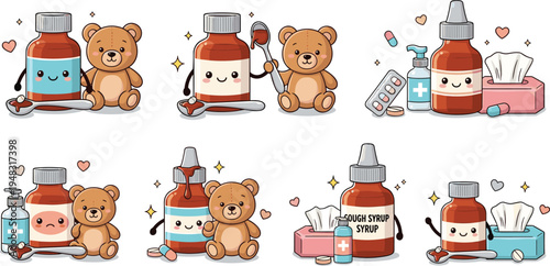 PrintCute Kids Medicine Mascot Vector Illustration Set with Cough Syrup Bottle, Teddy Bear, Pills, Tissue Box and Child Healthcare Theme