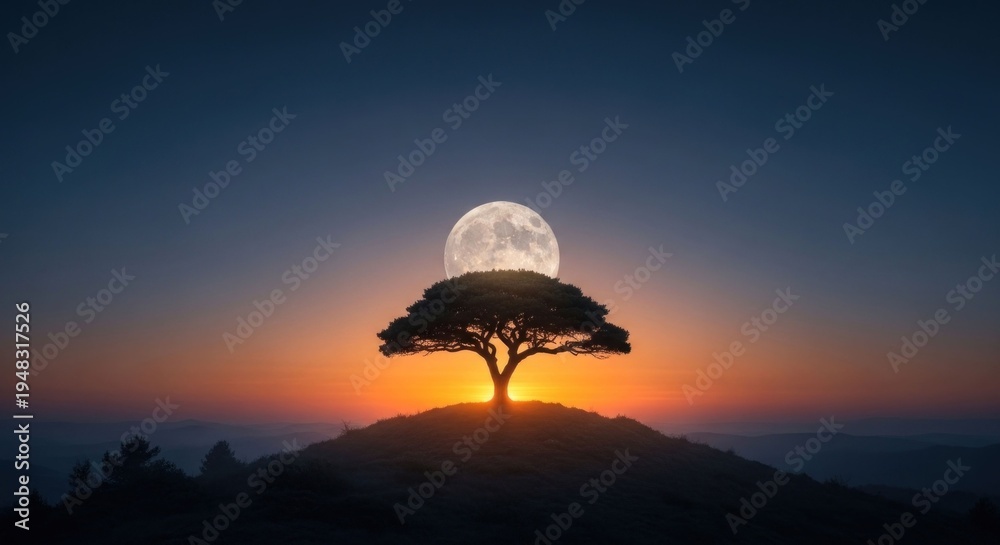 Obraz premium Lonely tree silhouette against a full moon rising over the horizon
