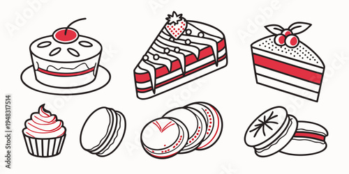 a collection of desserts including cakes and cupcakes Vector