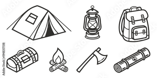 a collection of camping gear and tools Vector