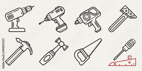 a collection of eight different power and hand tools Vector