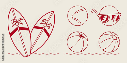 red line drawing of summer vacation objects Vector