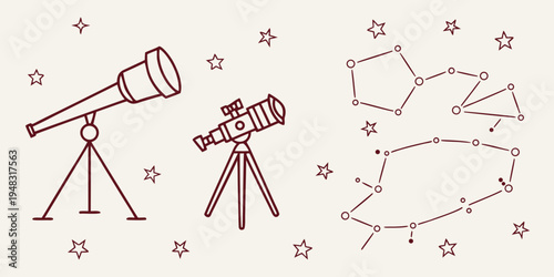 telescopes and constellation on a starry night Vector