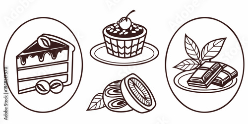 a set of three icons featuring chocolate cake and desserts Vector