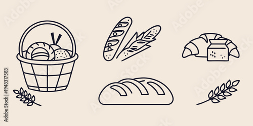 a collection of bread and wheat Vector