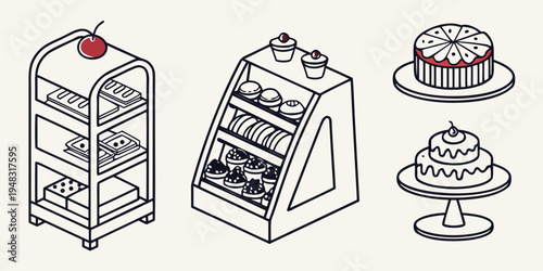 a set of bakery display cases and desserts Vector