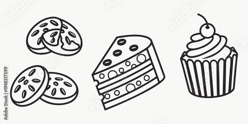 a drawing of desserts including cookies cake and cupcakes Vector