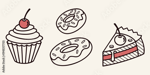 a drawing of a cupcake, donuts and a cake Vector