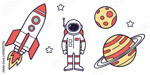 astronaut and rocket in space with planets Vector