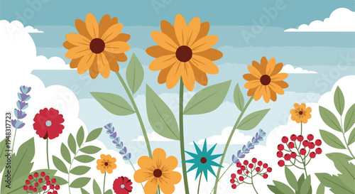 Colorful flat design illustration of a vibrant spring garden with diverse flowers