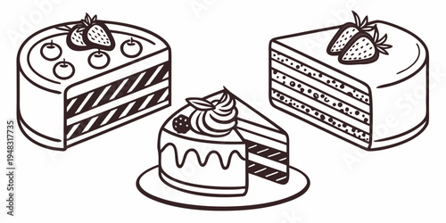 a drawing of three pieces of chocolate cake Vector