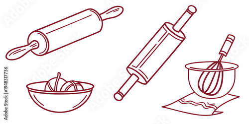red line drawing of baking tools and ingredients Vector