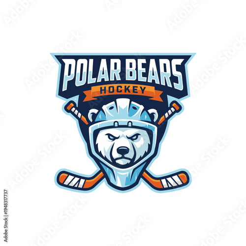 An eye-catching logo design for a hockey team featuring a fierce polar bear head, hockey sticks, and vibrant colors to represent strength and teamwork.