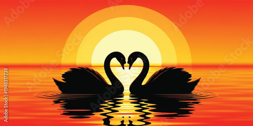 Romantic Swan Couple Silhouette Forming Heart Shape on Sunset Lake Water Reflection Love and Valentine Concept Illustration Background Design