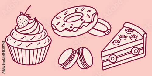 a collection of sweet treats including a cupcake and donut Vector