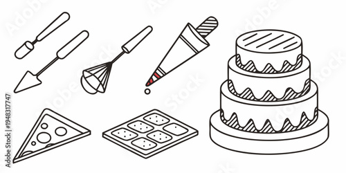 a cake and baking utensils for decorating Vector