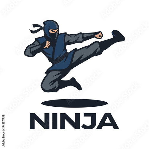 A captivating illustration of a ninja in mid-kick, representing agility and stealth, ideal for gaming or martial arts branding and promotional materials.