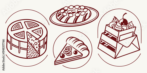 a set of red line drawings of pizza Vector