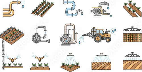 Agriculture Irrigation System Vector Icon Set with Water Pump, Sprinkler, Drip Irrigation, Farm Tractor and Crop Watering Technology