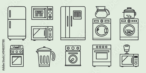 black and white line drawing set of kitchen appliances Vector