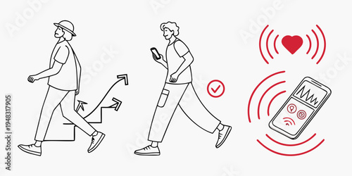 People walking with heart rate and phone icons Vector