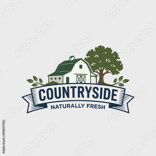 A rustic logo featuring a classic barn surrounded by greenery, perfect for brands highlighting fresh farming products, organic produce, and countryside living.