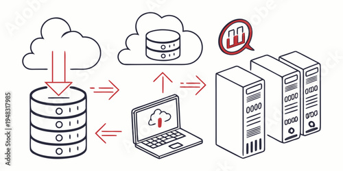 a diagram showing data transfer between a cloud, servers, and a laptop Vector