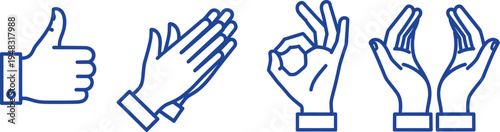 Vector line art of human hand gestures sequence in blue.