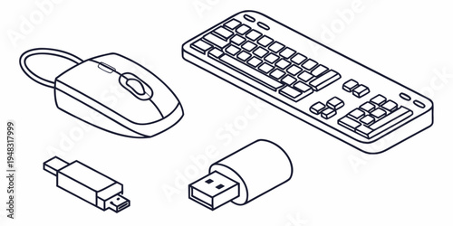 a computer mouse, remote control, usb flash drive, and usb connector Vector
