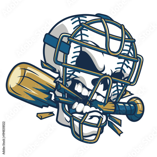A striking and edgy logo design featuring a skull with a baseball mask and bat, symbolizing passion for sports with an artistic flair in a rebellious and bold style.